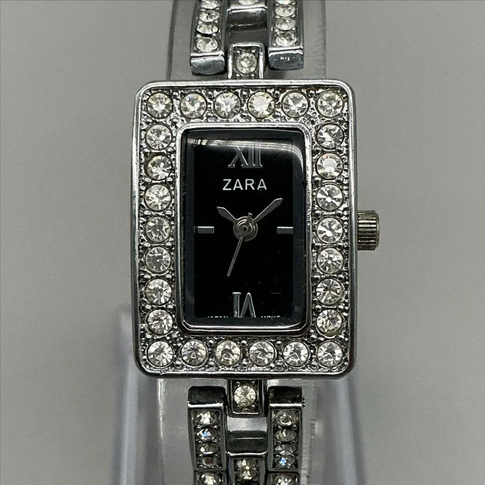 Zara FA0179 Womens Watch 19mm Black Dial Silver Tone Crystals New Battery 7